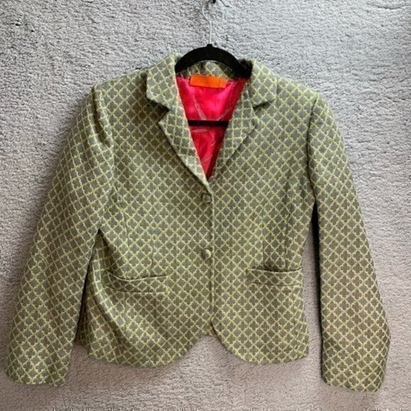 Moksha Womens Suit Jacket Blazer Green 100% Wool Geometric Pockets Long Sleeve M - Picture 11 of 11